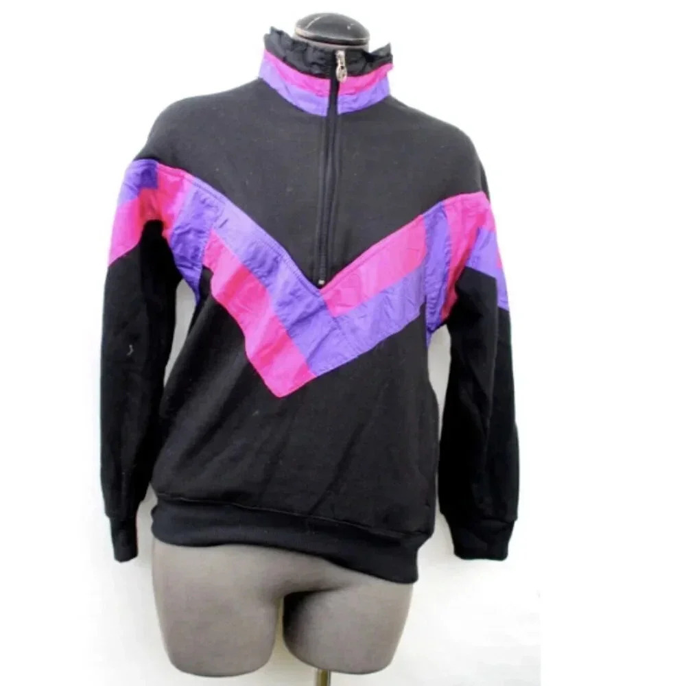 Vtg 1990s Retro Pink Purple Lavon Women's Sweater  Full Zip Cotton 2 Pockets SM